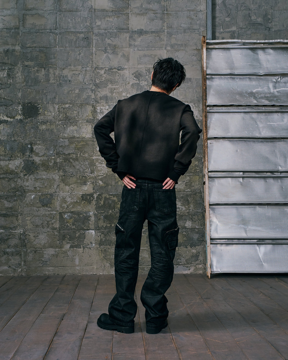 CARGO DENIM TROUSERS BLACK WAX FINISH