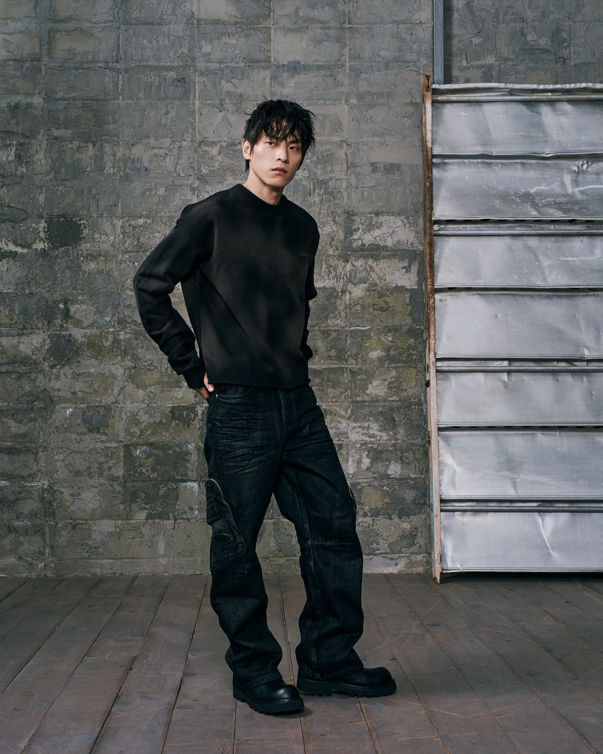 CARGO DENIM TROUSERS BLACK WAX FINISH