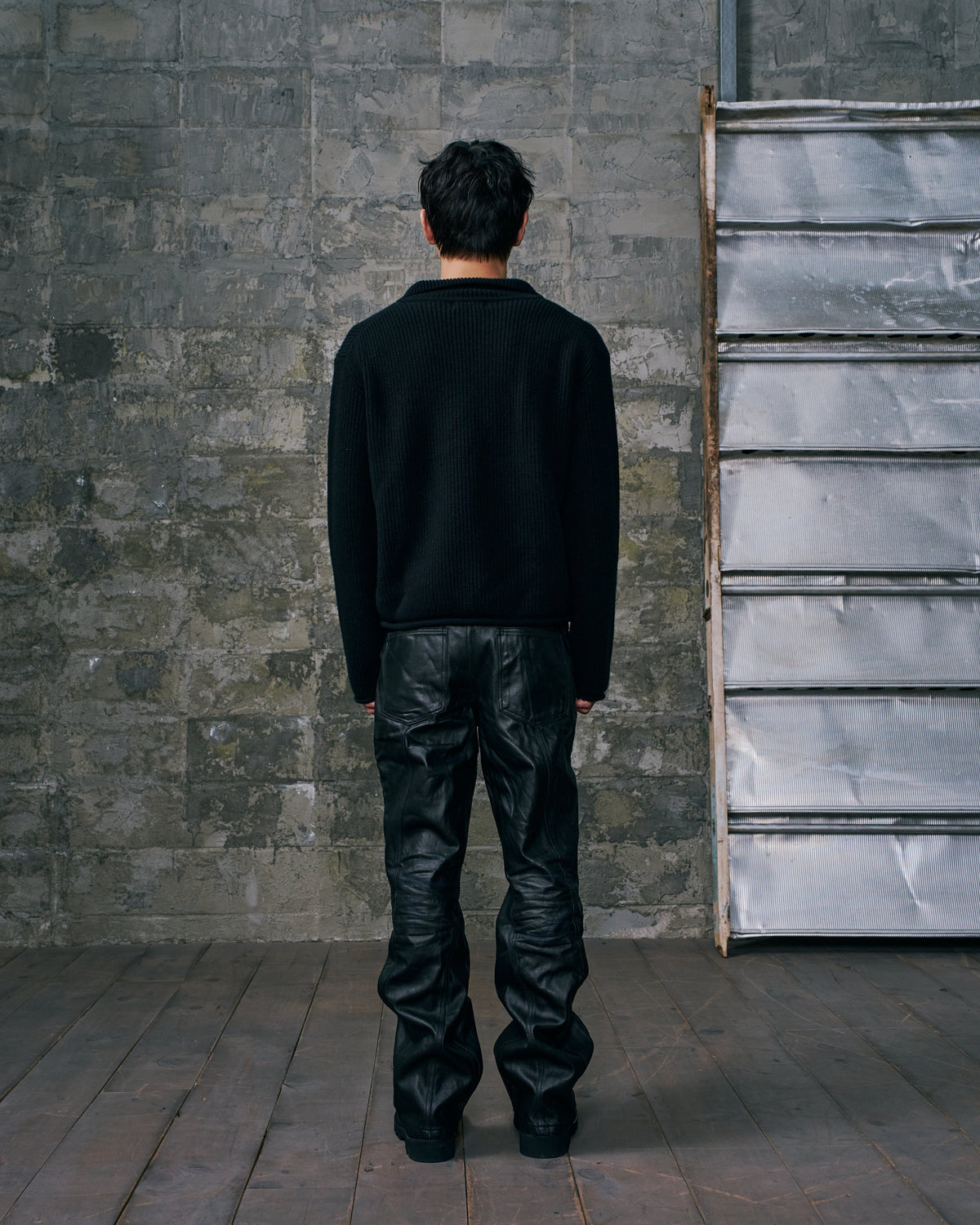 FLARED DENIM TROUSERS BLACK PU COATED