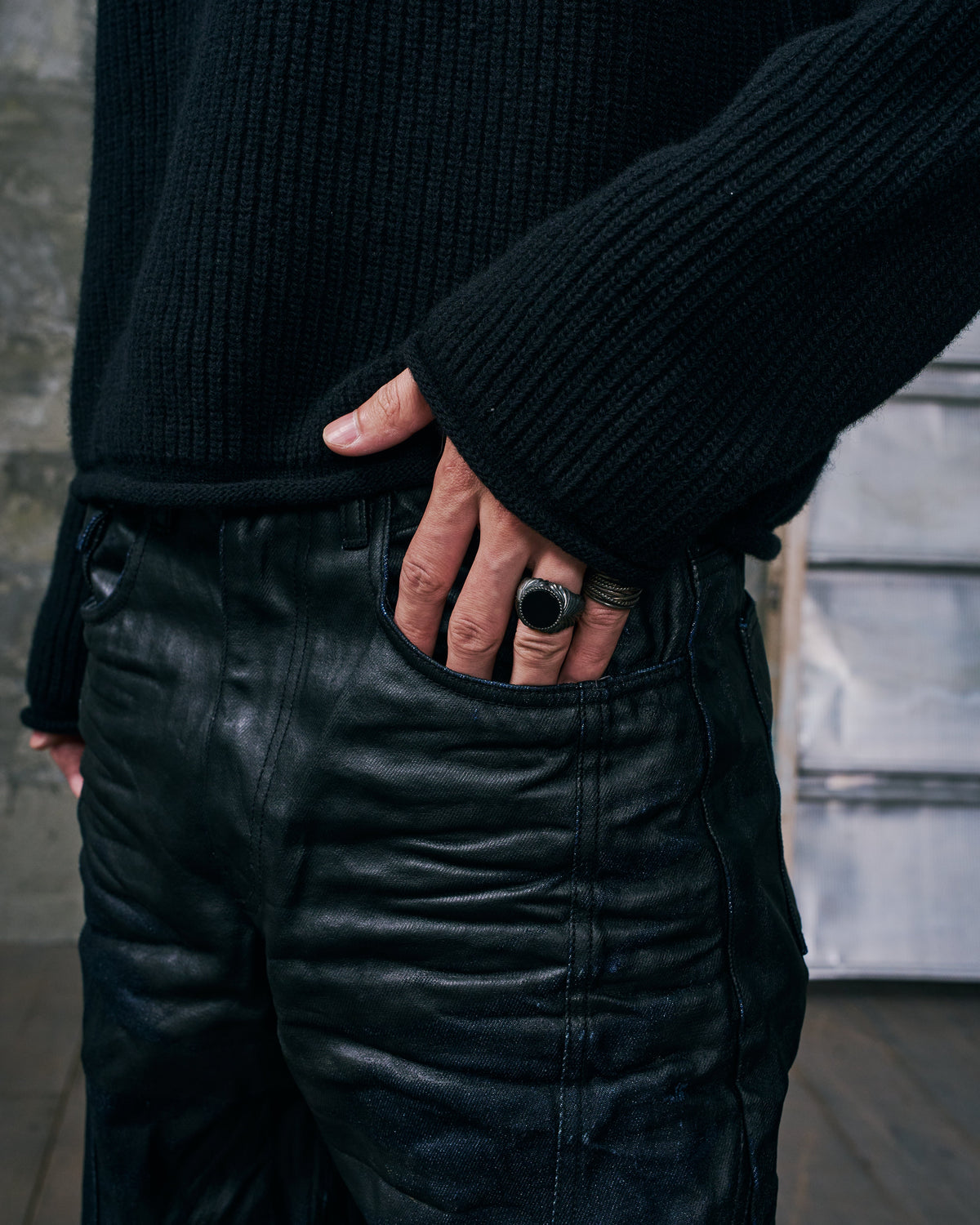 FLARED DENIM TROUSERS BLACK PU COATED