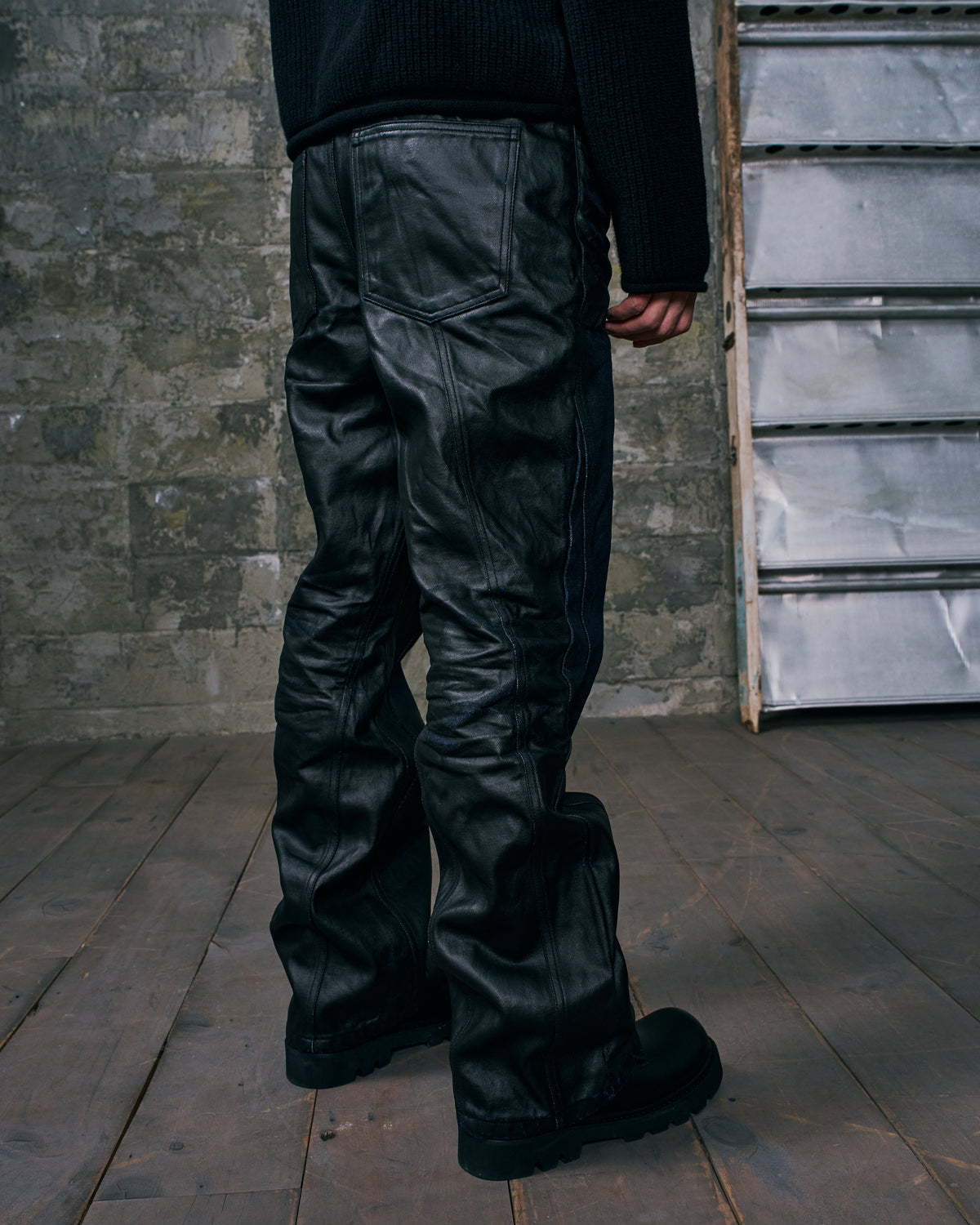 FLARED DENIM TROUSERS BLACK PU COATED