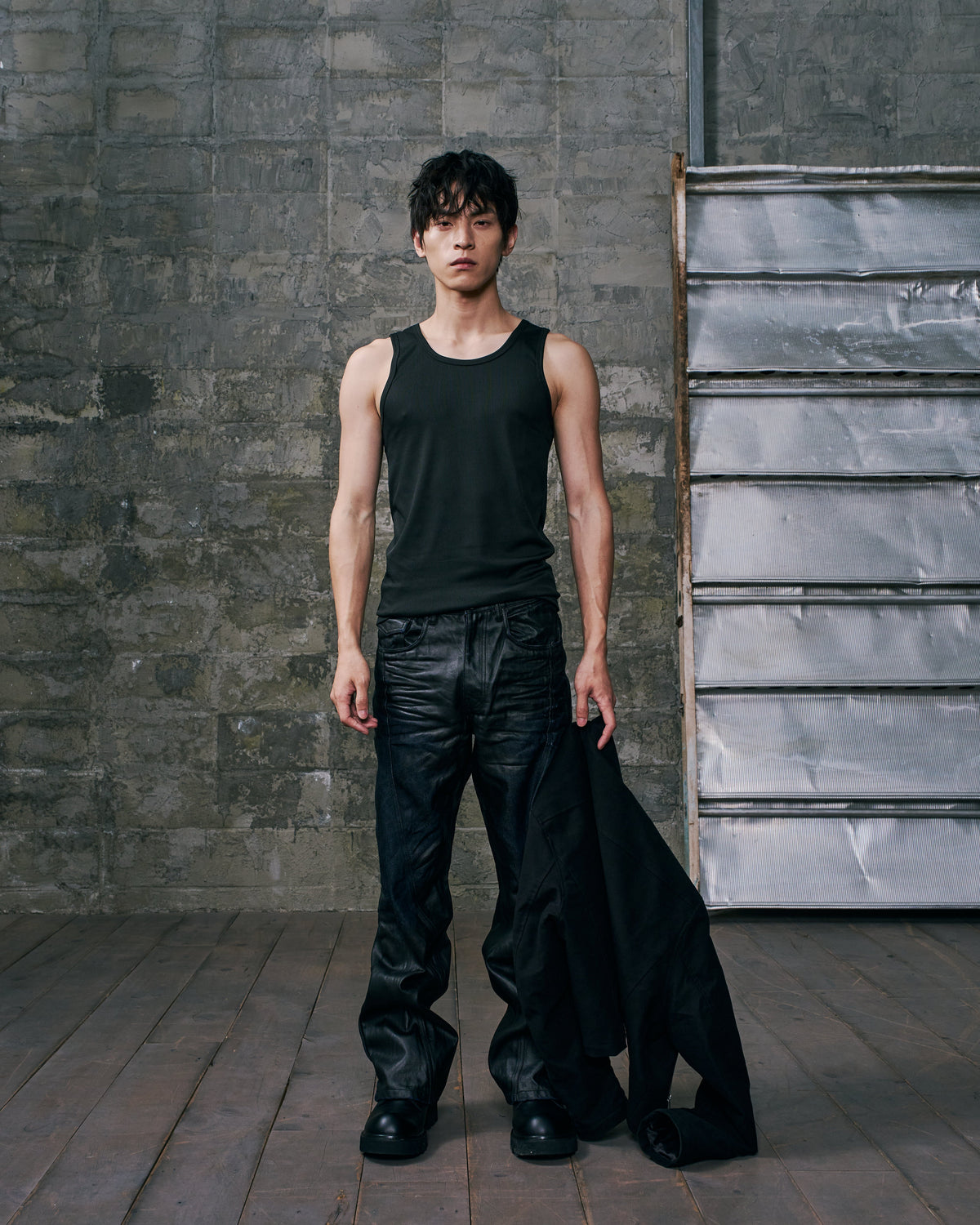 FLARED DENIM TROUSERS BLACK PU COATED