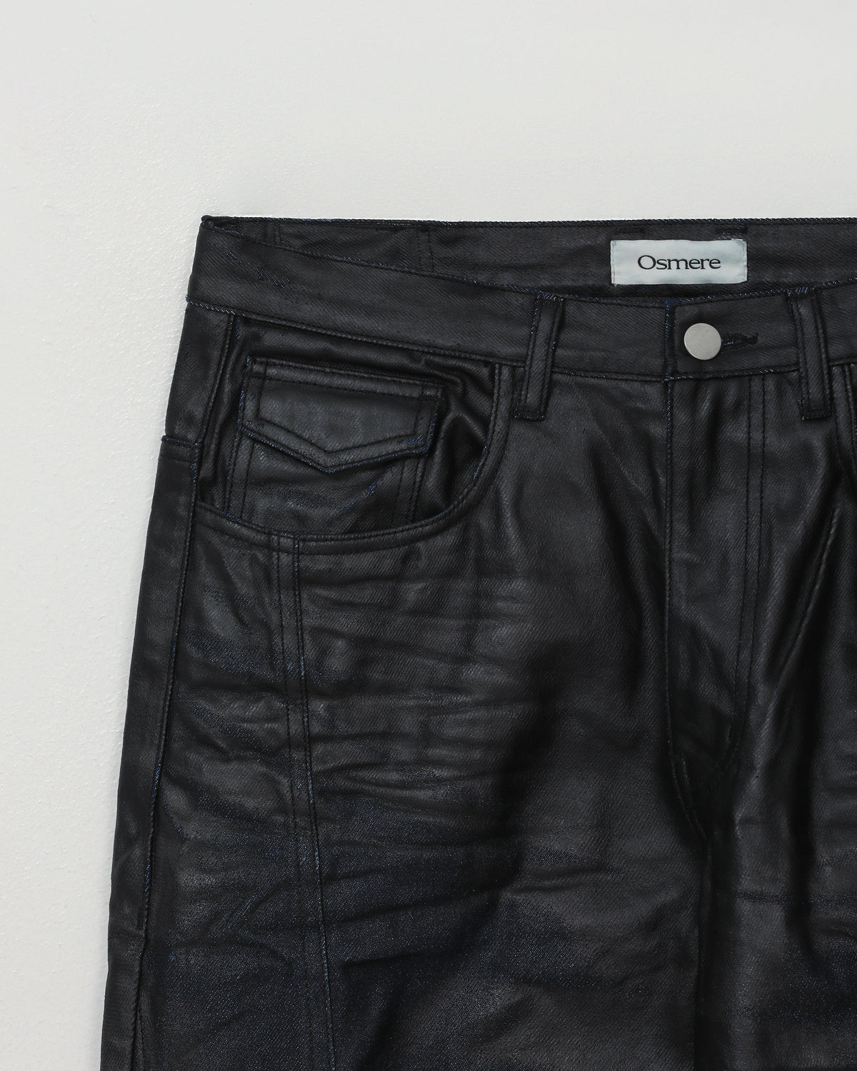 FLARED DENIM TROUSERS BLACK PU COATED