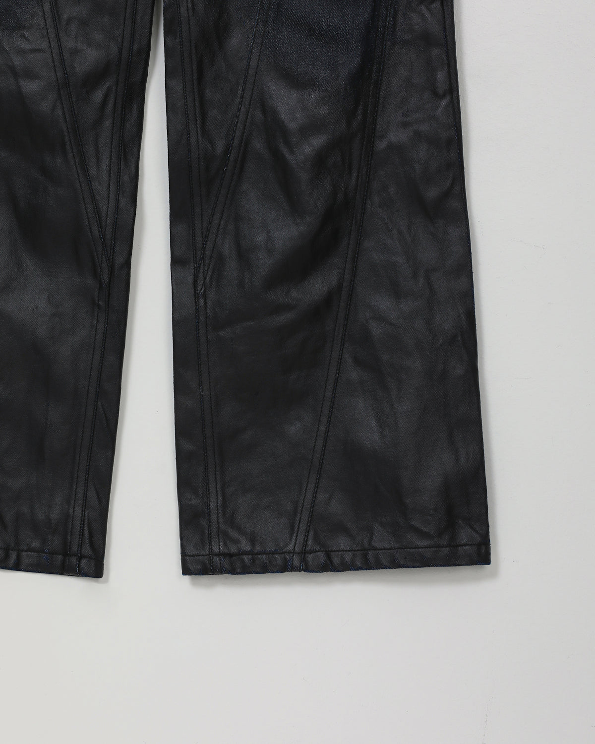 FLARED DENIM TROUSERS BLACK PU COATED