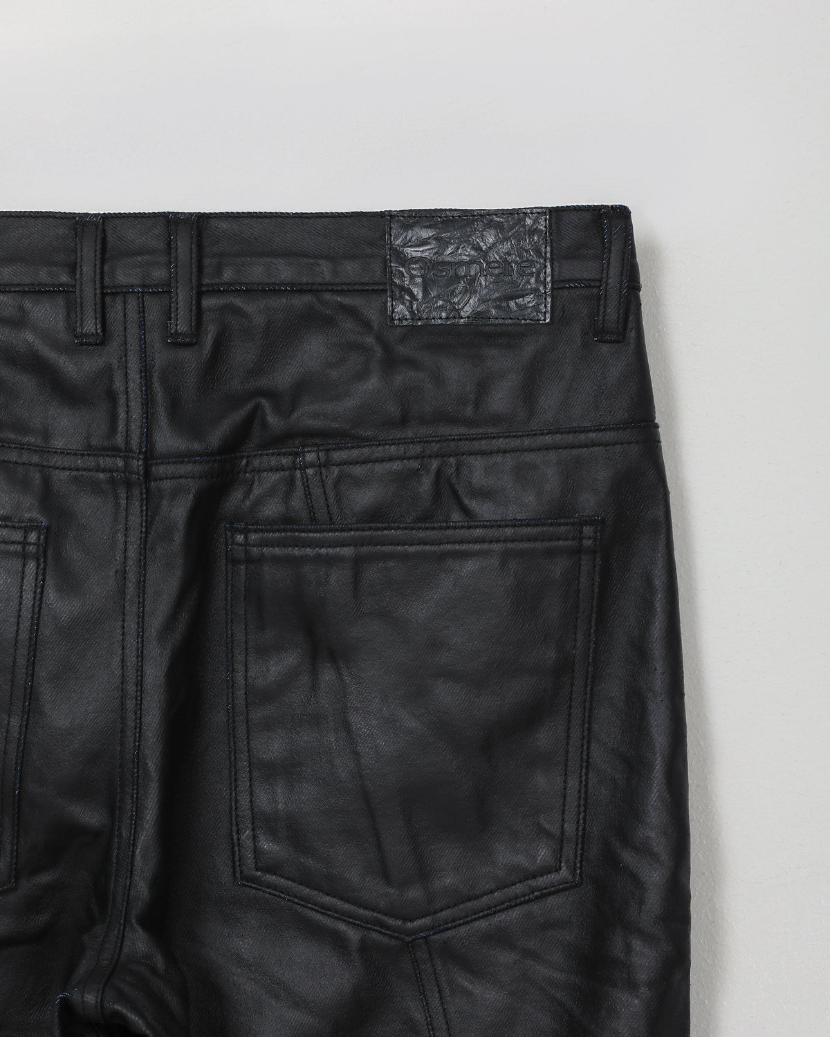 FLARED DENIM TROUSERS BLACK PU COATED