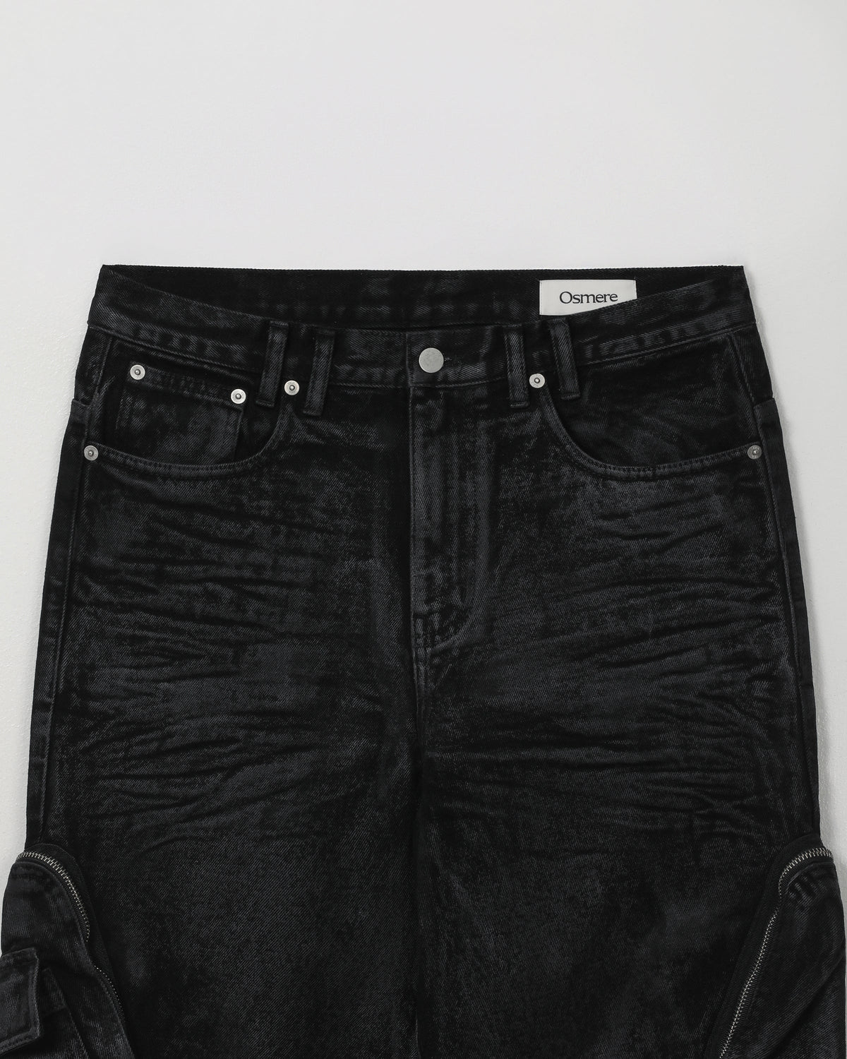 CARGO DENIM TROUSERS BLACK WAX FINISH